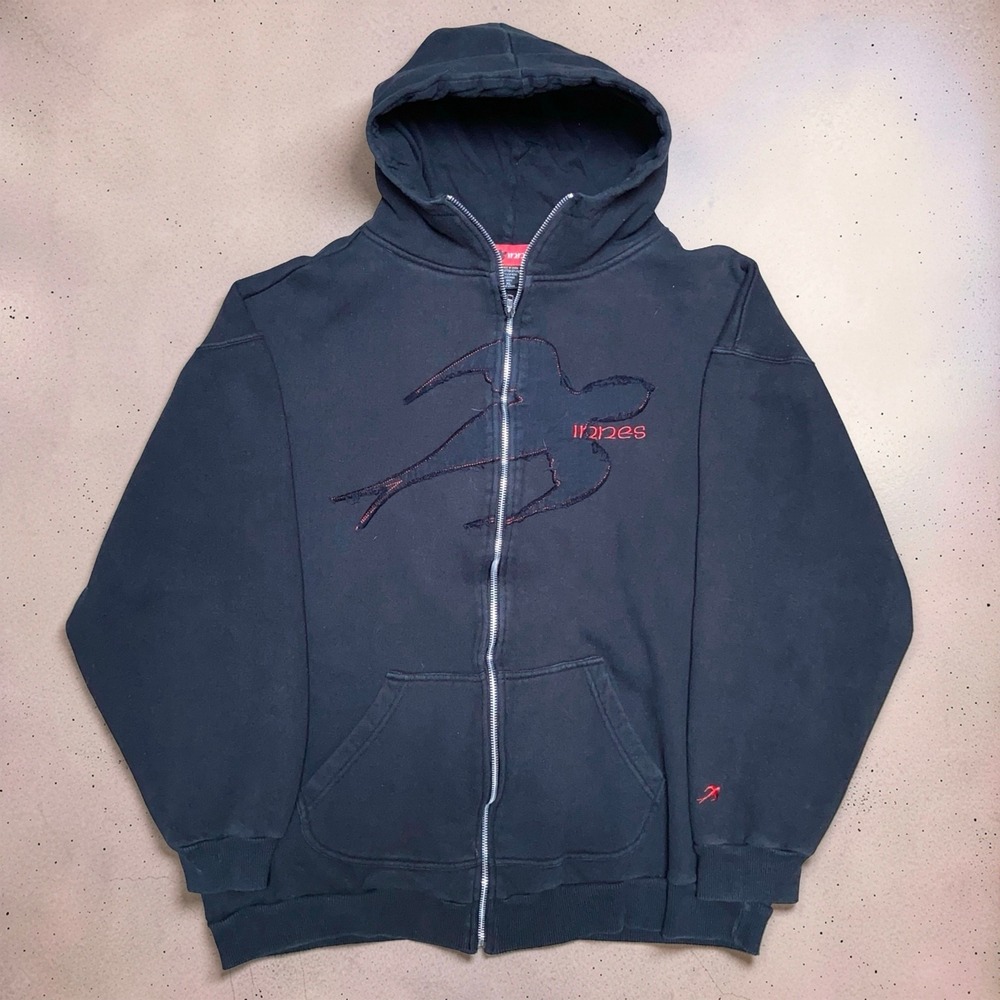 Vintage Innes Skateboards Hoodie Zip Up Swallow Bird Logo Mens XL Black Y2K